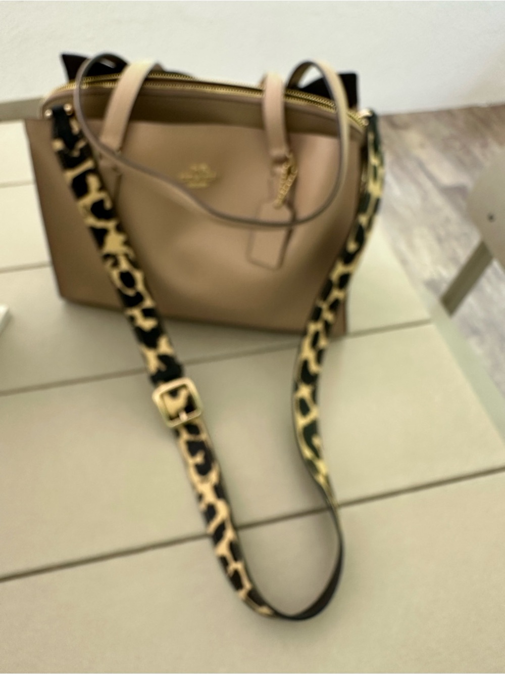 Coach Leopard Print Adjustable Strap in Black and Tan with Gold Hardware - Picture 11 of 16